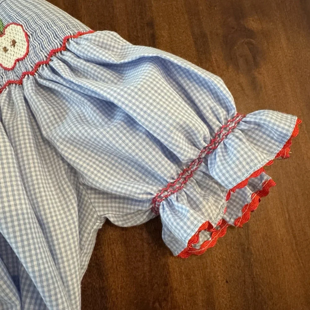 The Smockling Smocked Apple Dress Size 4 Blue Gingham Back To School - Picture 6 of 7